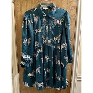 Umgee Boutique Satin Zebra Babydoll Top Dress Turquoise Button Down Flowy Sz L